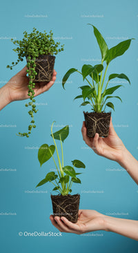 Hands Holding Three Healthy Green Potted Houseplants