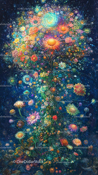 Colorful Floral Tree with Exotic Flowers in Fantasy Garden Scene