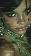 Close-up of a woman with glittery makeup and artistic eye look