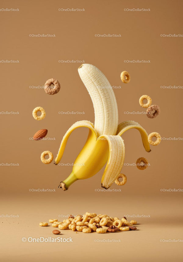 Peeled Banana with Floating Cereal and Almonds