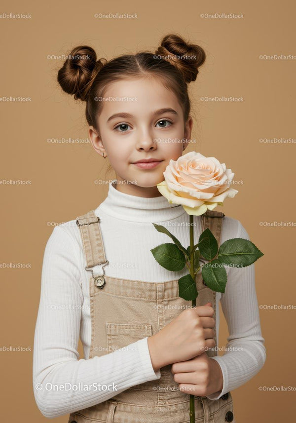 Young girl holding a large Peach Rose against a Beige Background