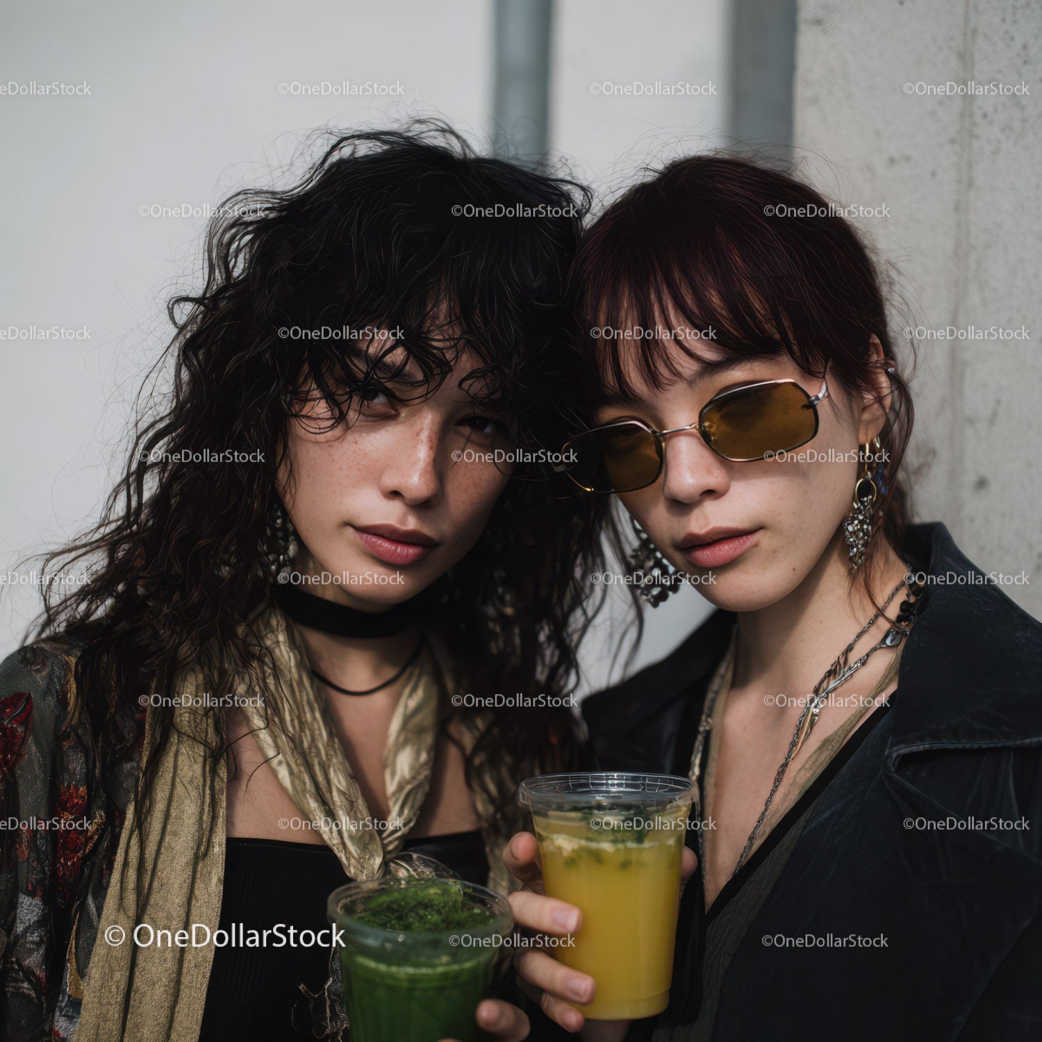 Fashionable Young Women with Drinks in Trendy Urban Street Scene