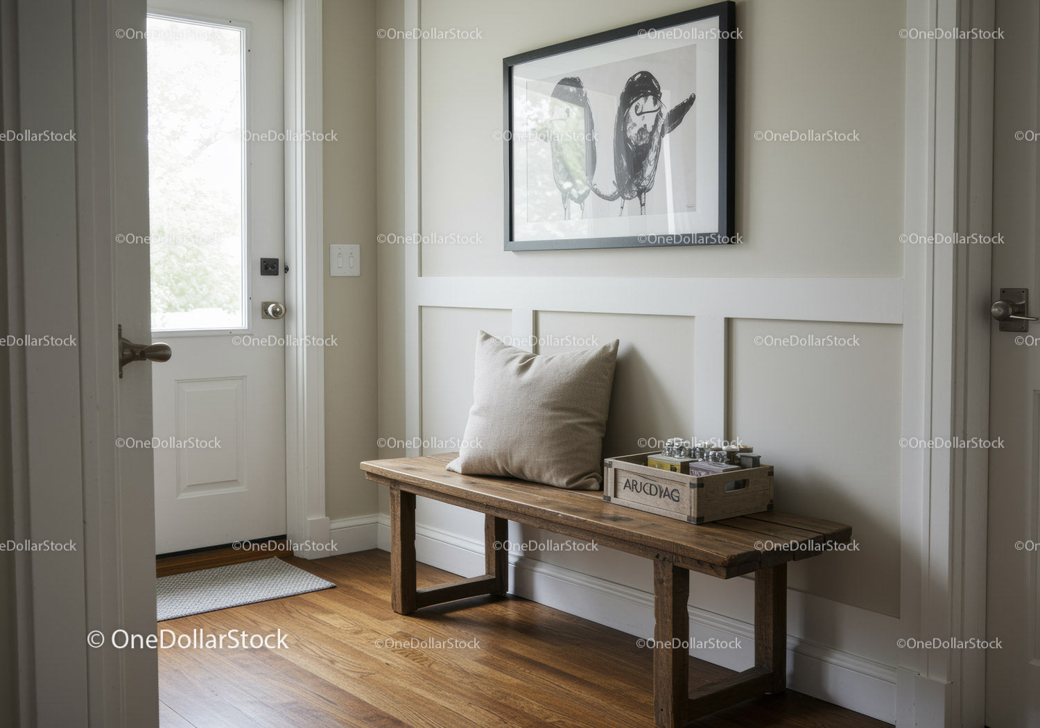 Minimalist Entryway Bench with Abstract Black and White Art