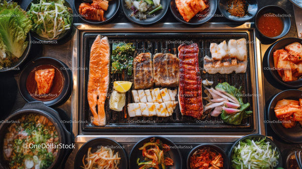 Korean barbecue with assorted meats and vibrant side dishes