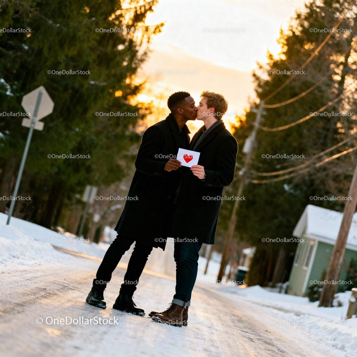 Couple Sharing a Tender Kiss Holding Valentine Card
