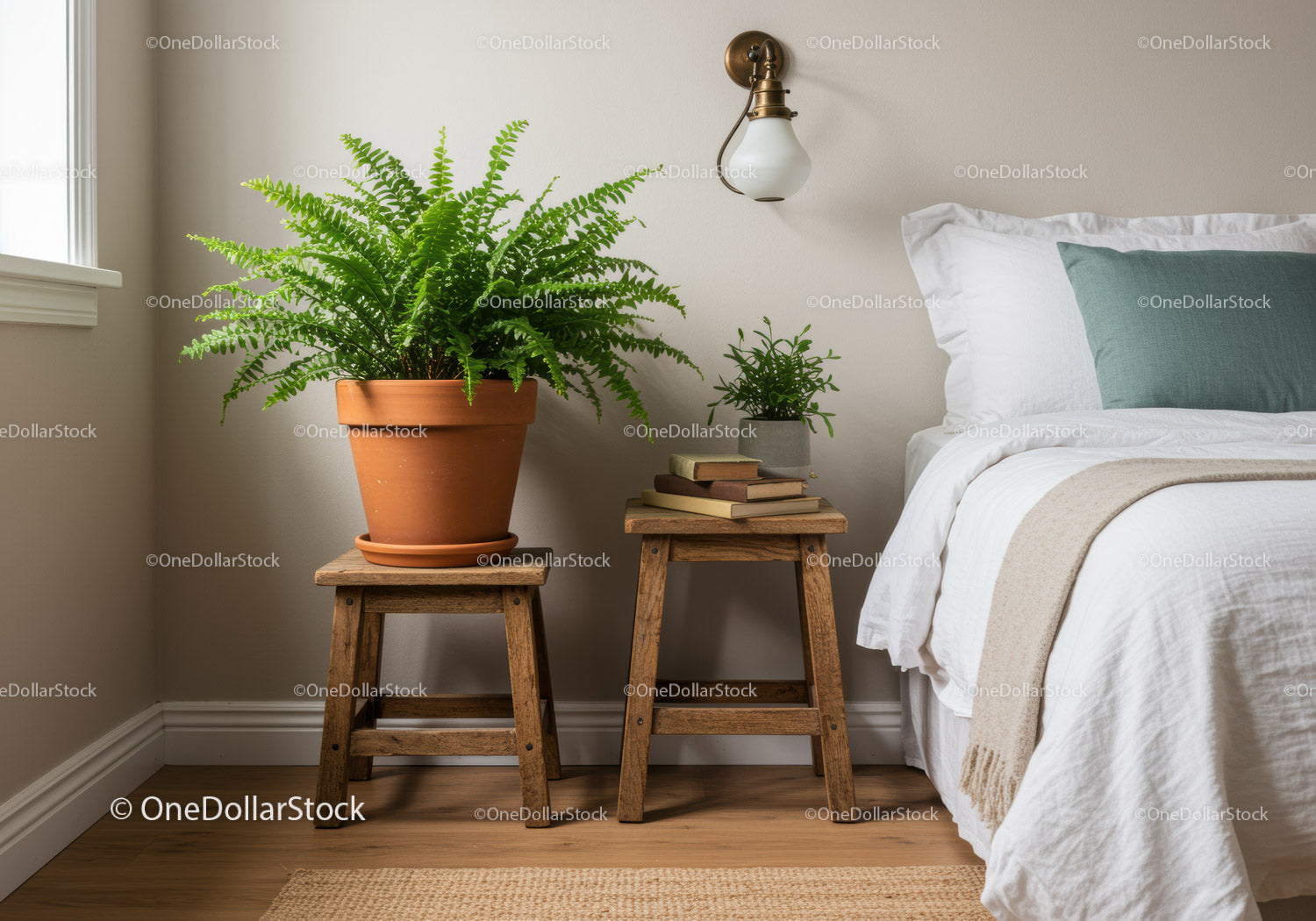Cozy Bedroom with Green Fern and Wooden Nightstands