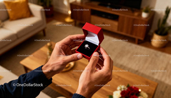 Man Holding Engagement Ring in Red Box at Home