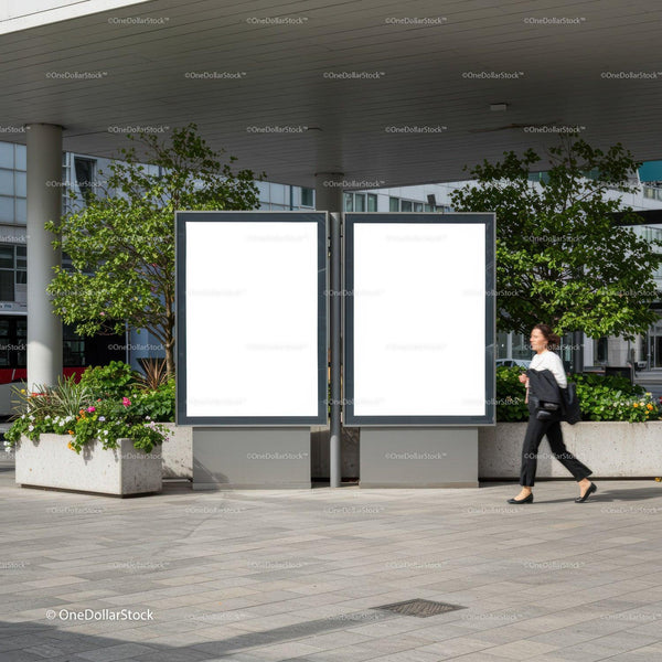 Modern urban scene with blank advertising billboards JPG Mockup Image