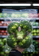 Fresh broccoli in resealable plastic bag held by hand