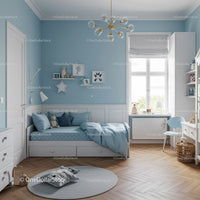Cute Blue Kids Bedroom with White Furniture and Natural Wood Flooring