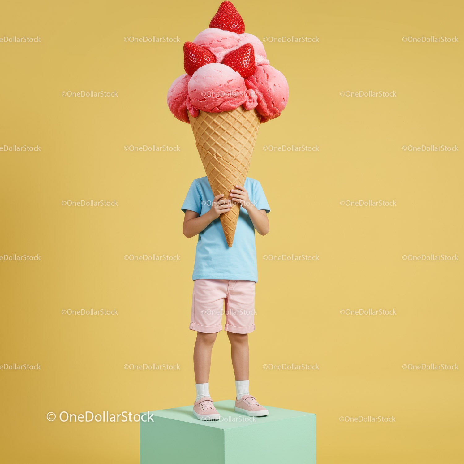 Child Holding Giant Strawberry Ice Cream Cone