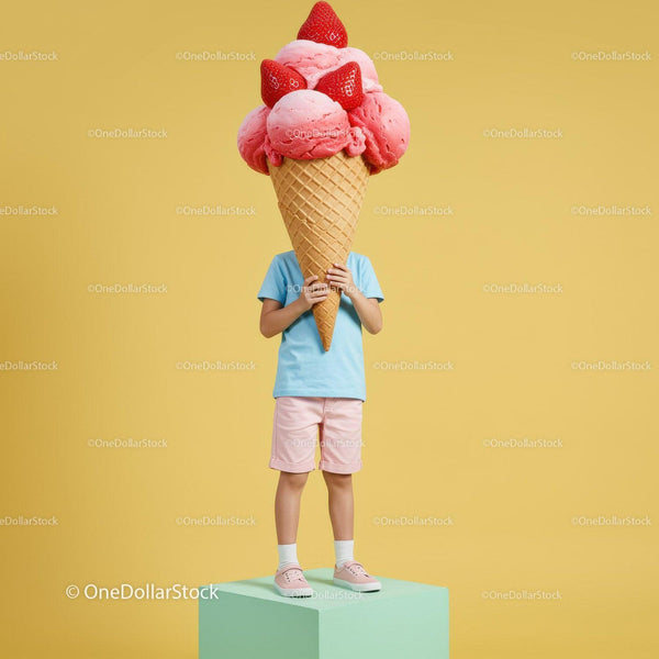 Child Holding Giant Strawberry Ice Cream Cone