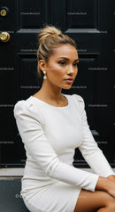 Elegant woman in white dress sitting against dark door