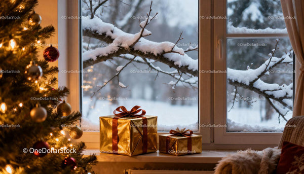 Festive Christmas Gifts by Window with Snowy Branches