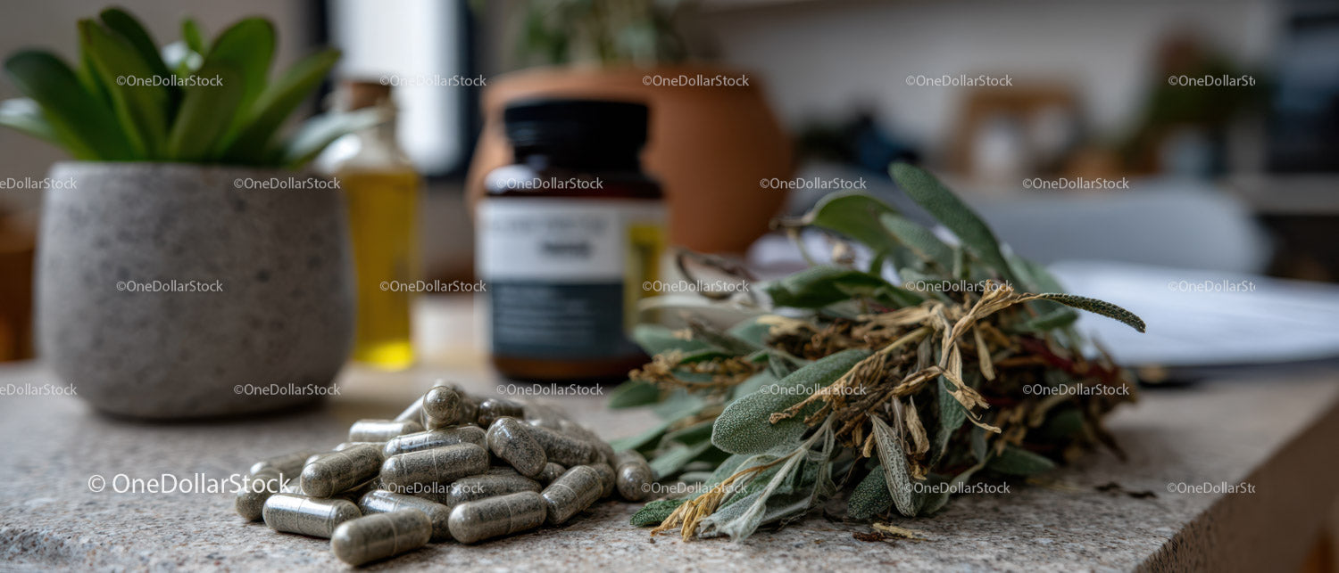 Dried Herbs and Supplement Pills for Natural Herbal Medicine