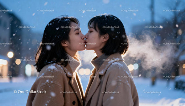 Couple sharing a tender kiss in snowy evening