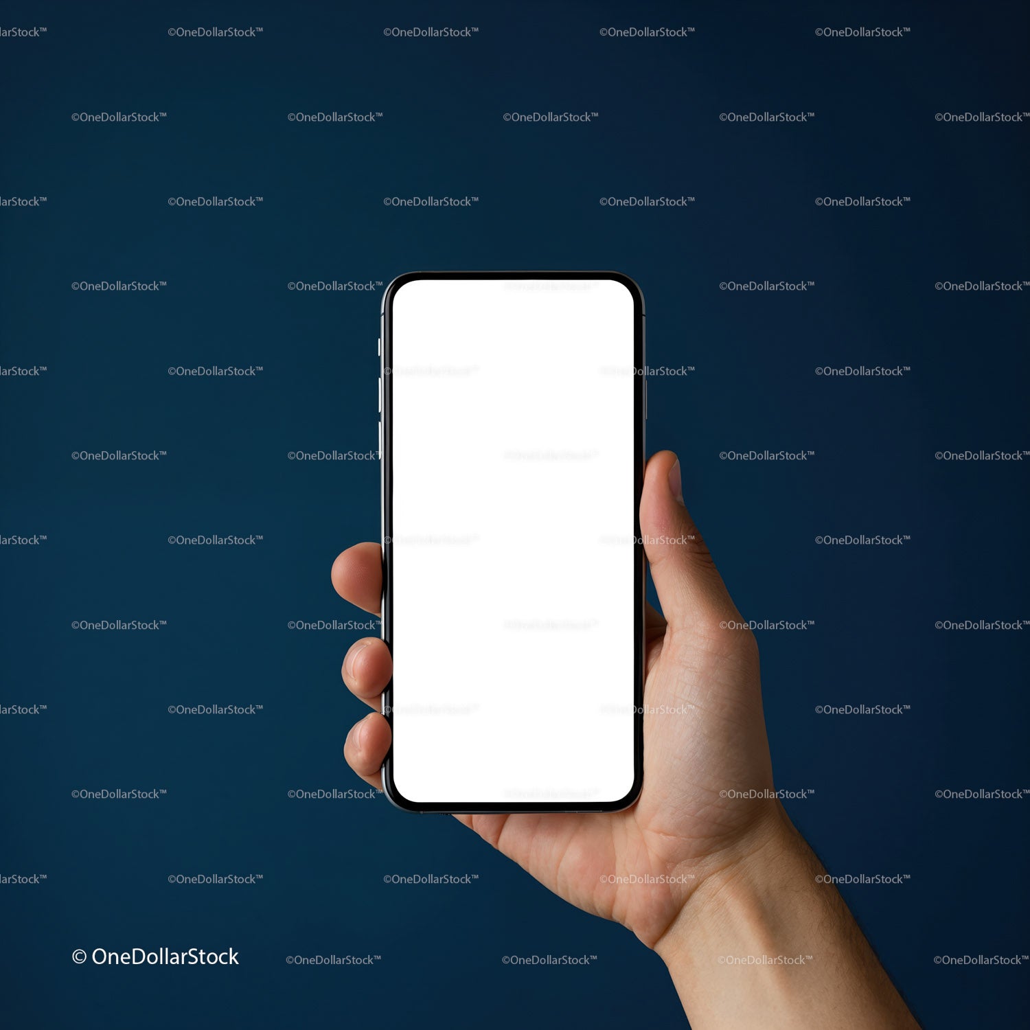 Ręka trzymająca smartfon z pustym, białym ekranem w kolorze ciemnoniebieskim