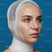 Woman with Bandaged Head and Clear Skin Against Blue Background