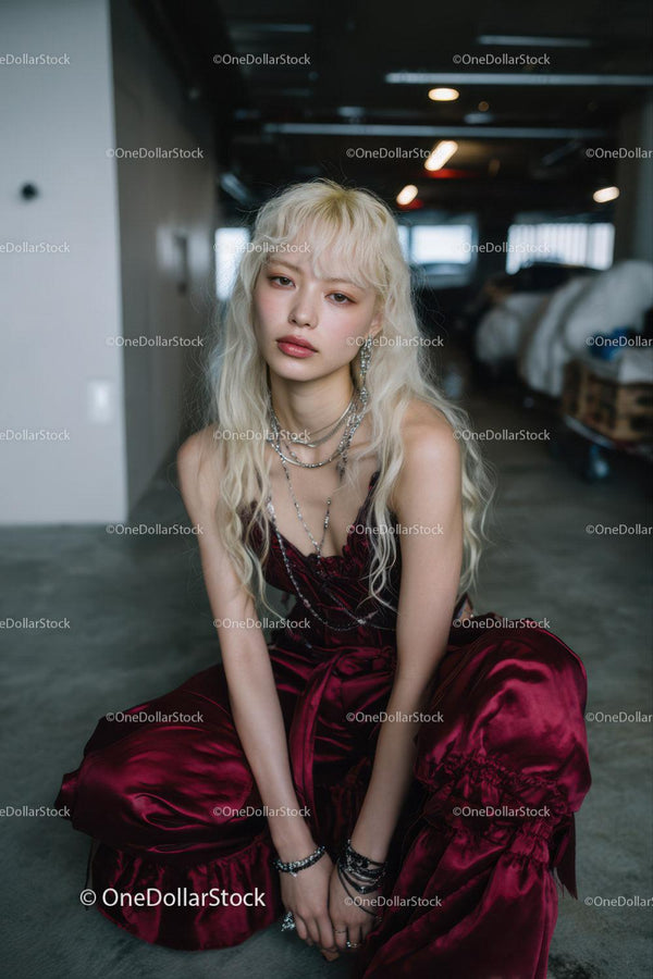 Stylish Young Woman in Velvet Dress and Silver Jewelry in Urban Setting