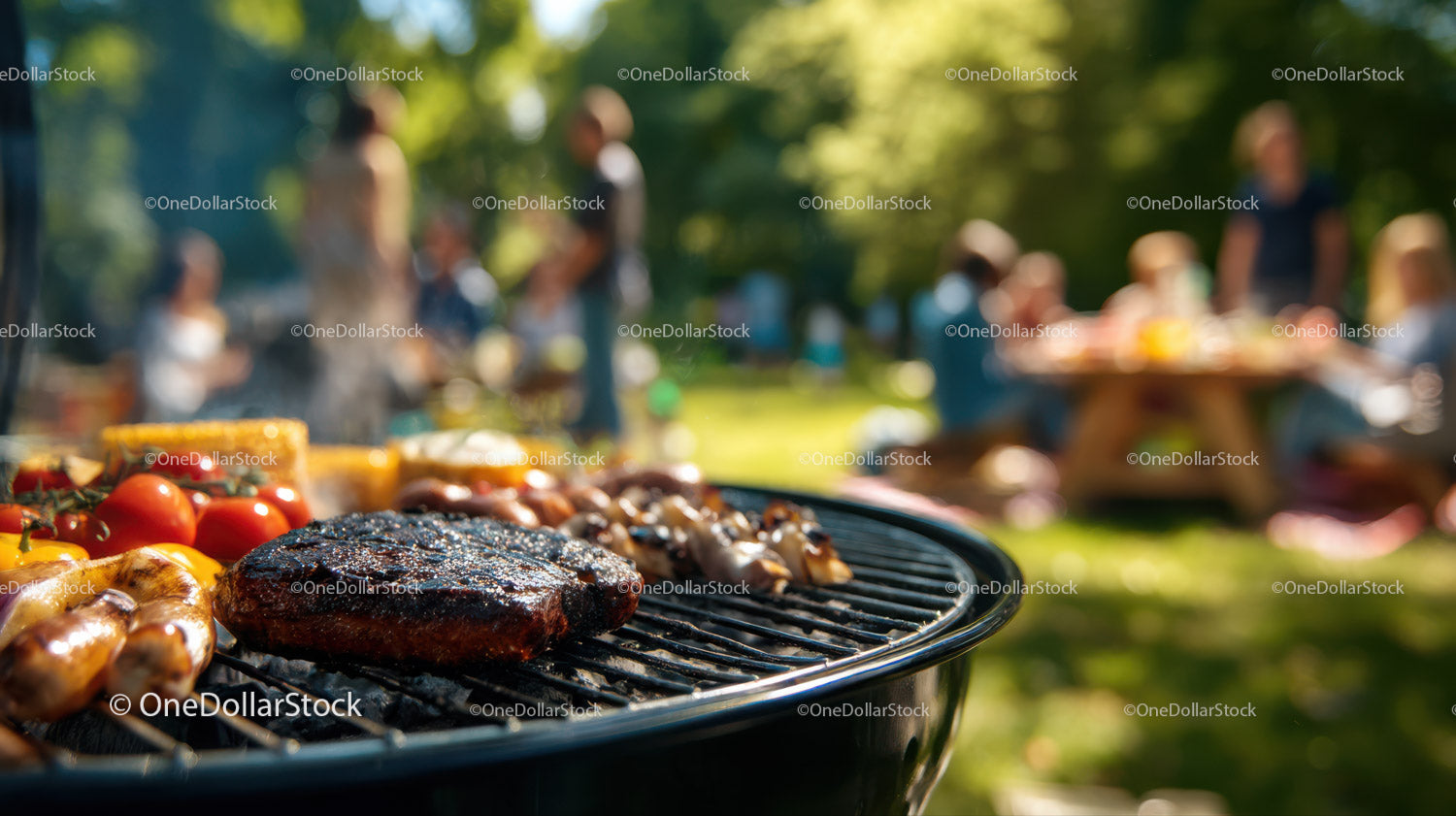 Outdoor Barbecue Scene with Grilled Steak and Vegetables