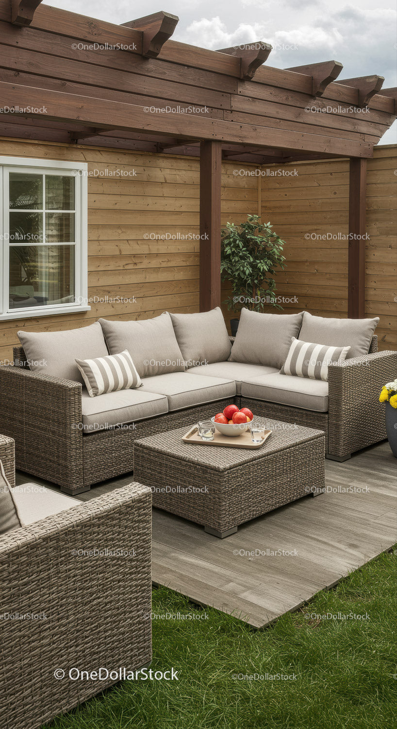 Contemporary Outdoor Rattan Sofa Set on Wooden Deck in Garden