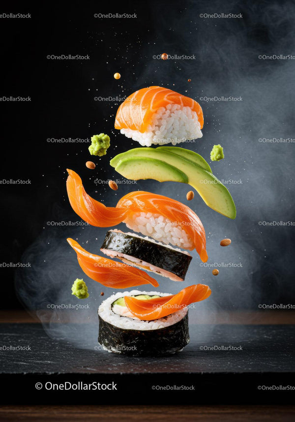 Unoszące się kawałki sushi ze świeżym awokado i plasterkami łososia