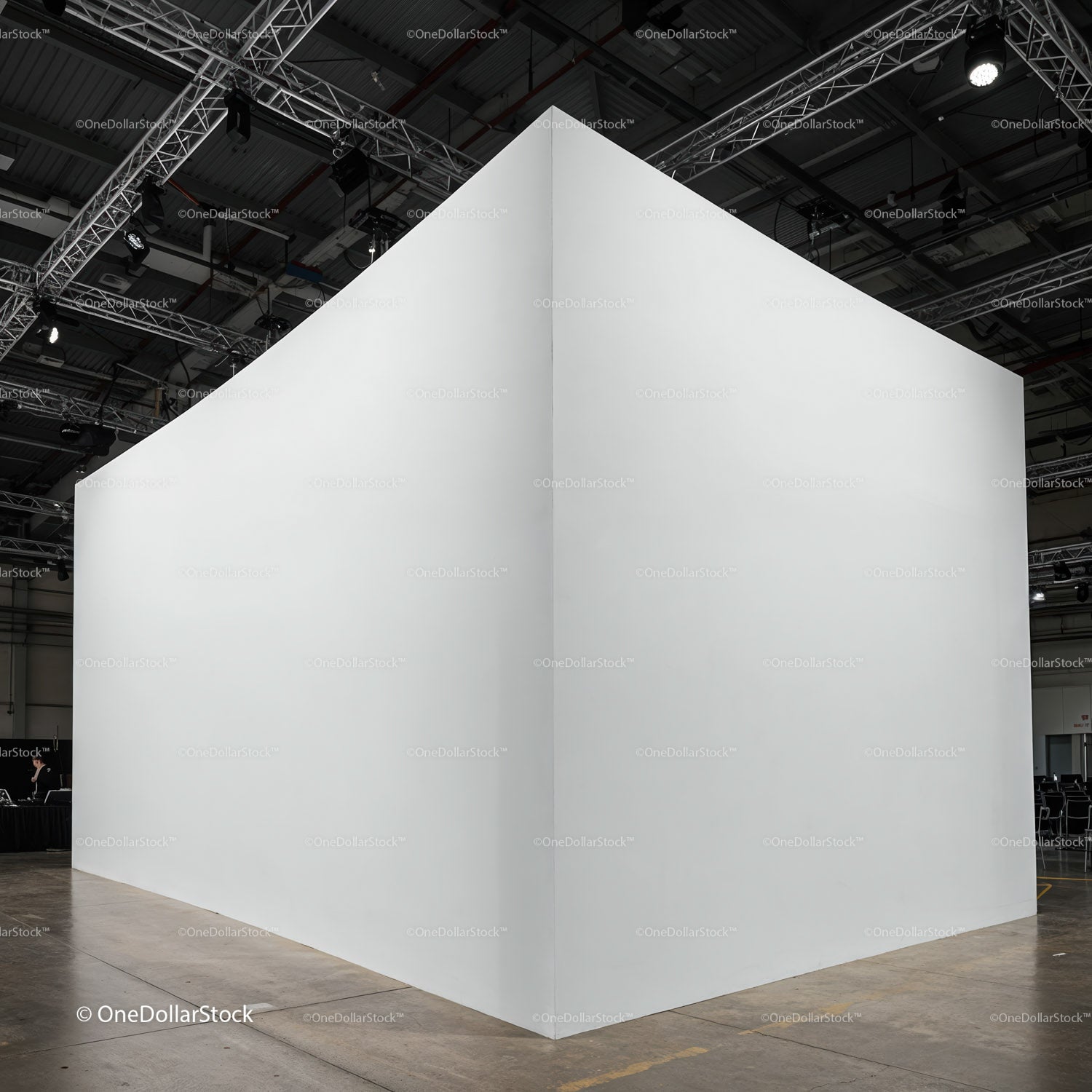 Minimalist white cube structure in modern exhibition hall