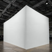 Minimalist white cube structure in modern exhibition hall