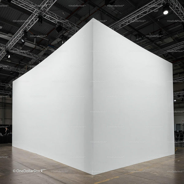 Minimalist white cube structure in modern exhibition hall JPG Mockup Image