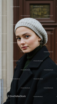 Young Woman Wearing Wool Hat and Cozy Winter Outfit in Urban Scene