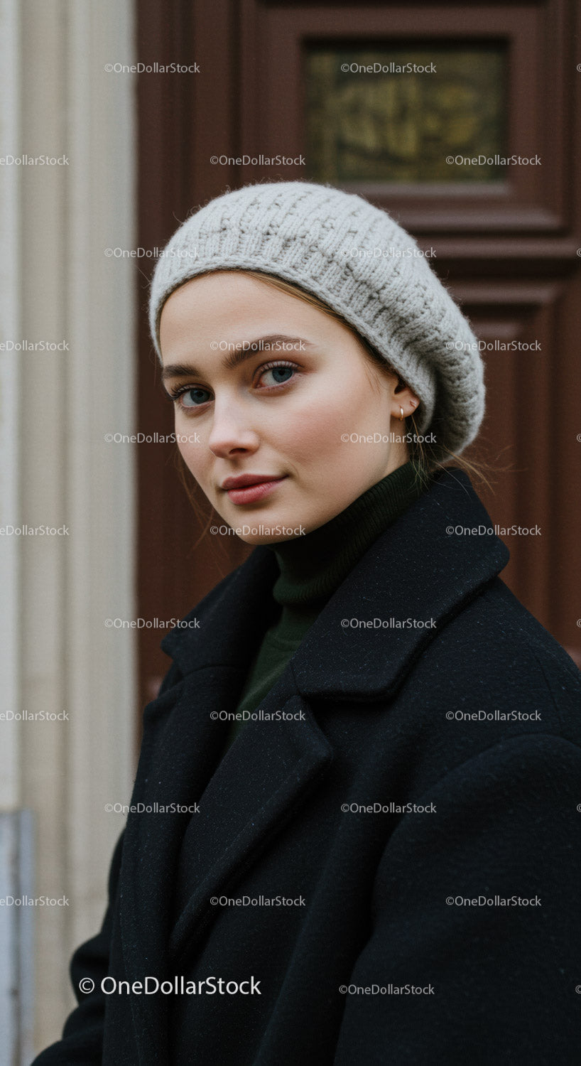 Young Woman Wearing Wool Hat and Cozy Winter Outfit in Urban Scene