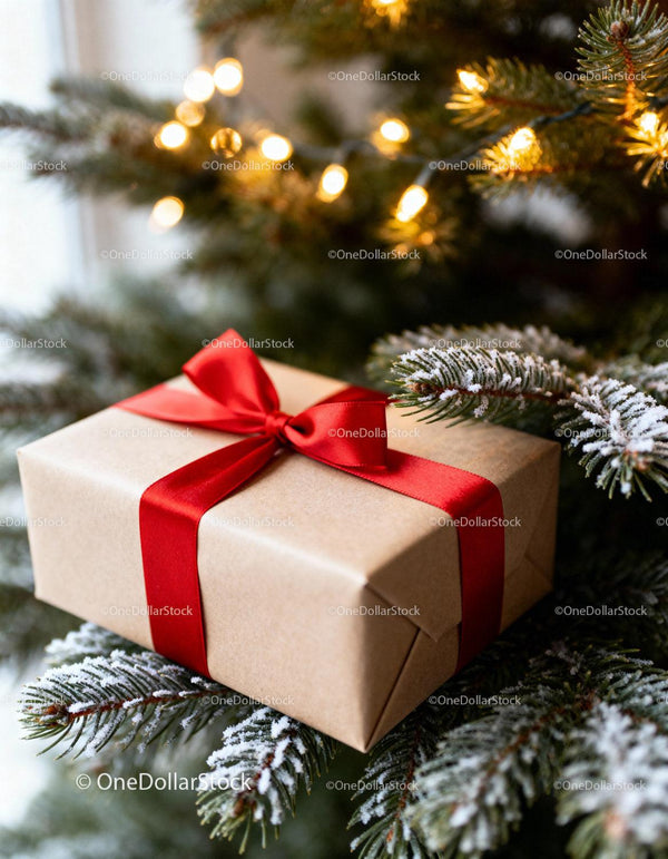 Red Bow Wrapped Gift on Snowy Pine Branches