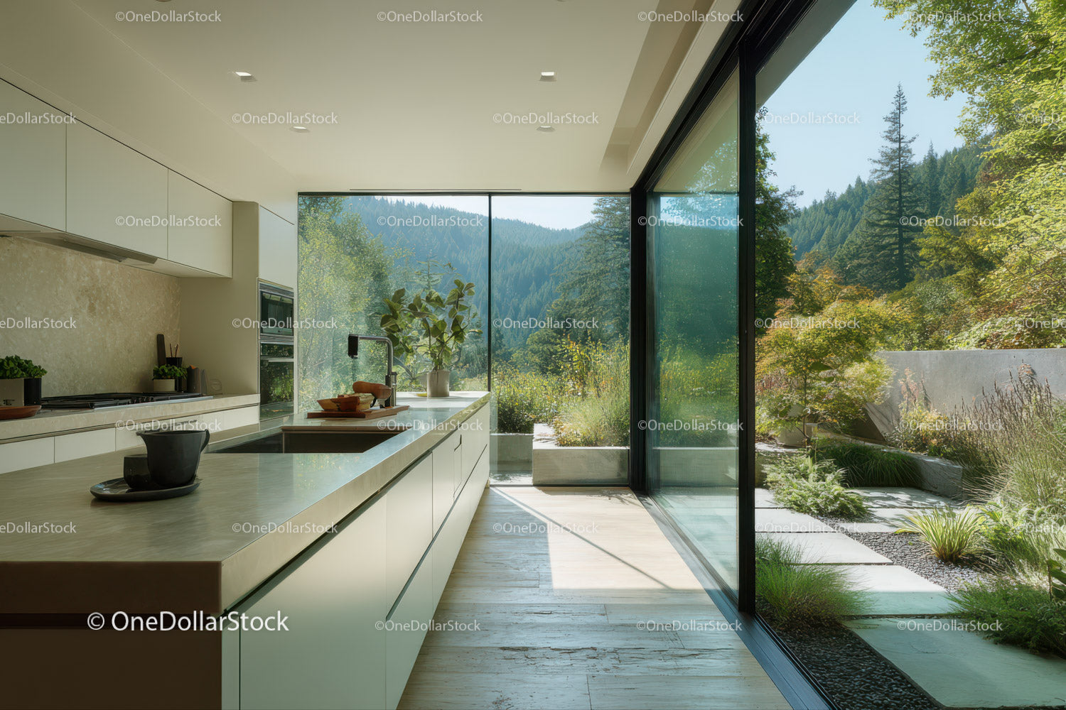 Modern Kitchen with Floor-to-Ceiling Glass Windows Overlooking Nature