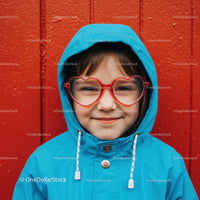 Child with Heart Shaped Glasses and Blue Hooded Jacket