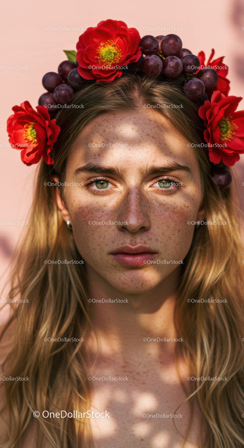 Beautiful Woman Wearing Floral Crown with Red Alstroemeria and Grape Flowers