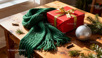 Cozy holiday scene with red gift and green scarf