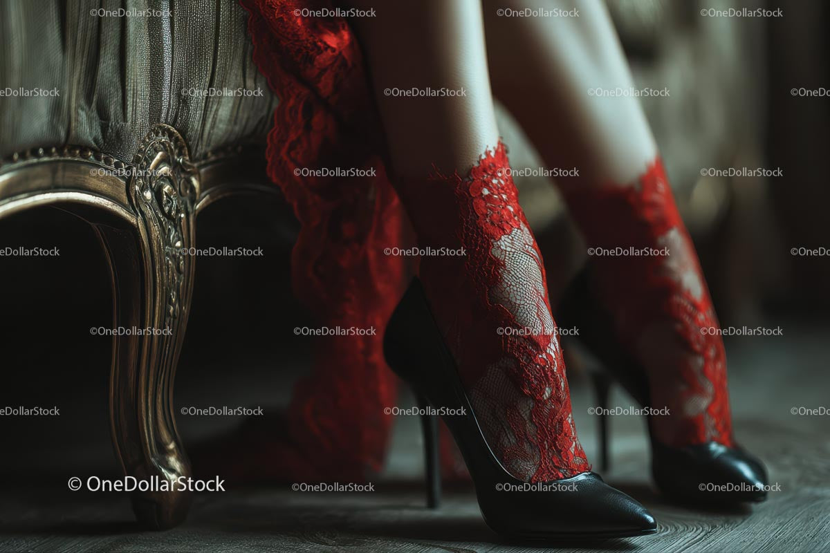 Chic Black Heels and a Red Lace Dress in a Cozy Bedroom Setting
