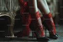 Chic Black Heels and a Red Lace Dress in a Cozy Bedroom Setting