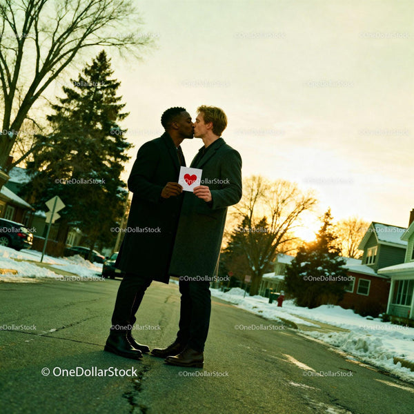 LGBTQ Couple Sharing a Kiss Holding Heart Card Outdoors
