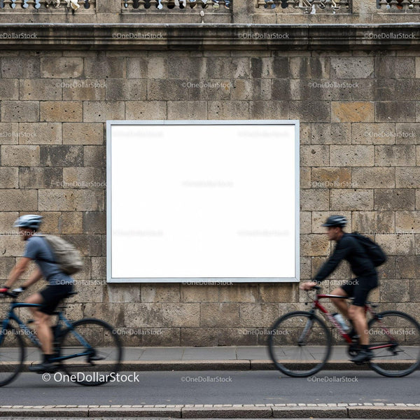 Two cyclists riding past blank urban billboard on stone wall JPG Mockup Image