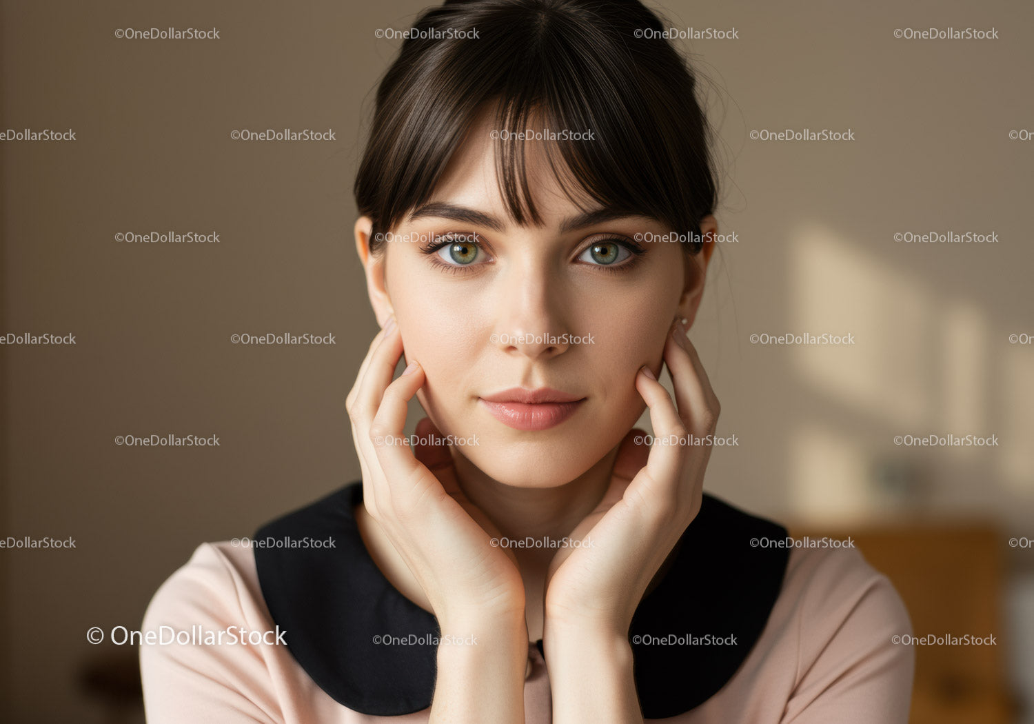 Portrait of a Woman with Bright Green Eyes and Stylish Hair