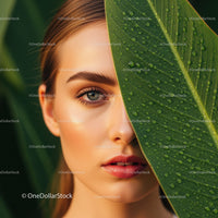 Young Woman with Blue Eyes and Tropical Leaf Close-up Photo