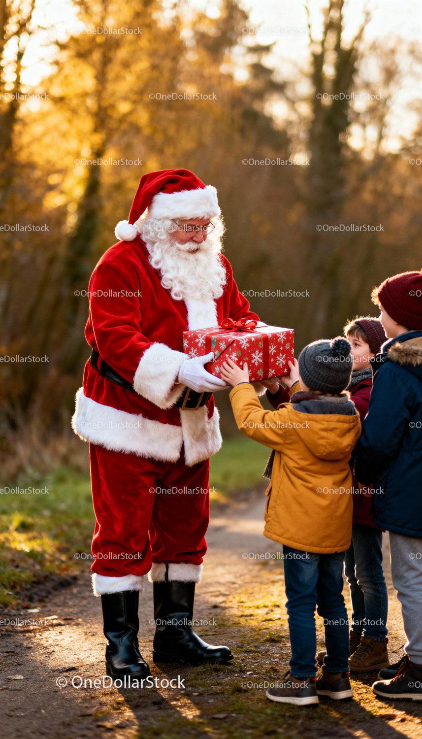 Santa Claus giving gift to children outdoors