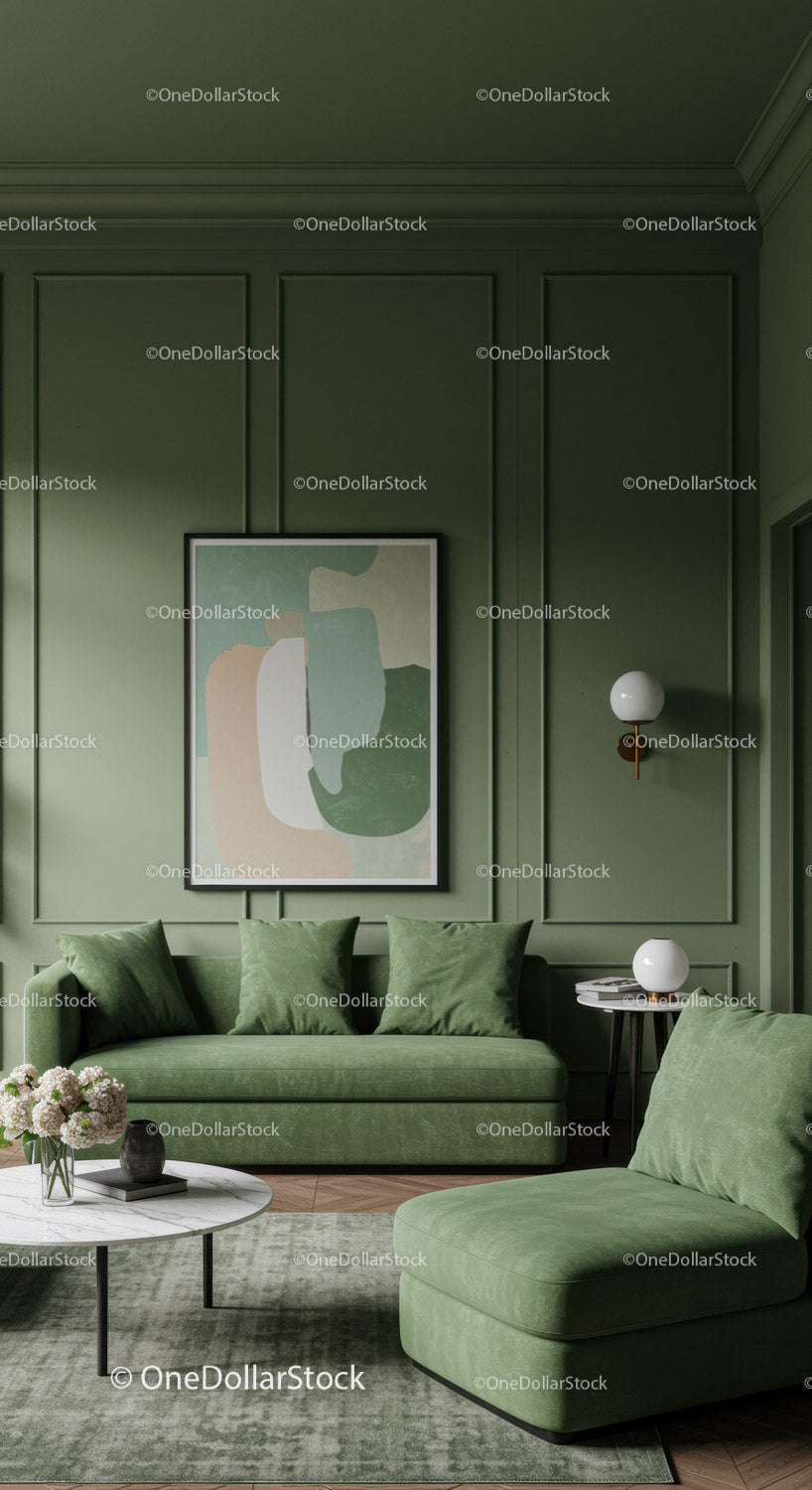 Elegancki zielony salon z aksamitną sofą i abstrakcyjną grafiką ścienną