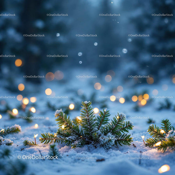 Evergreen branches dusted with snow and glowing lights