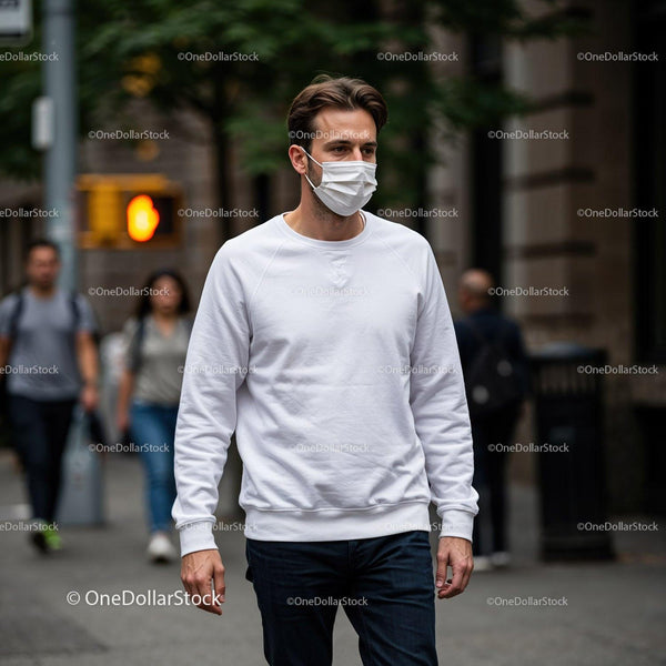 Man wearing face mask walking on city street JPG Mockup Image