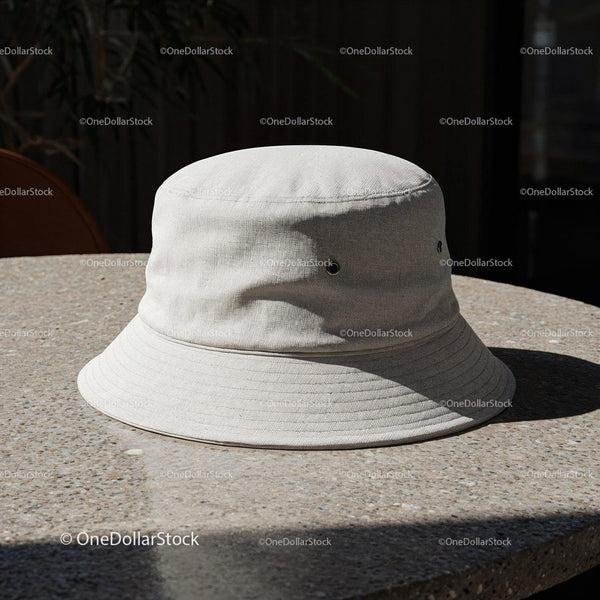 Beżowy bawełniany kapelusz typu bucket na kamiennym stole