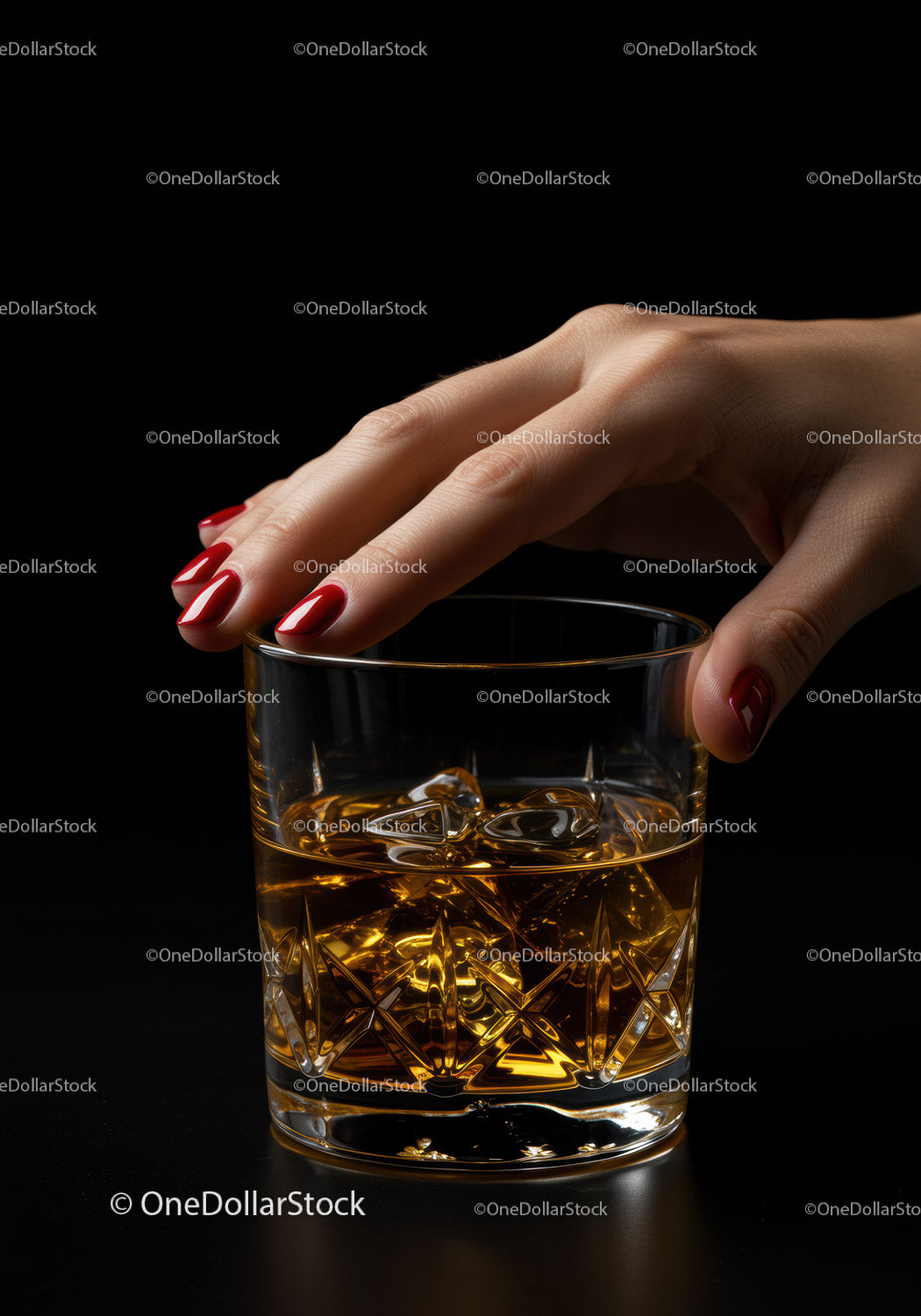 Ręka kobiety z czerwonymi paznokciami trzymająca szklankę whisky