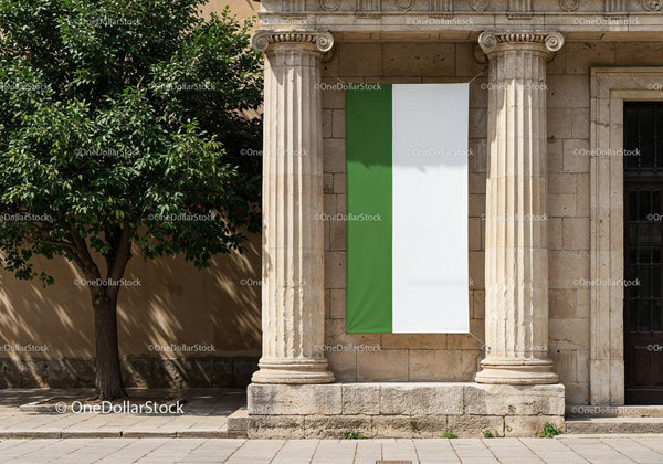 Green and white banner hanging between classical columns JPG Mockup Image