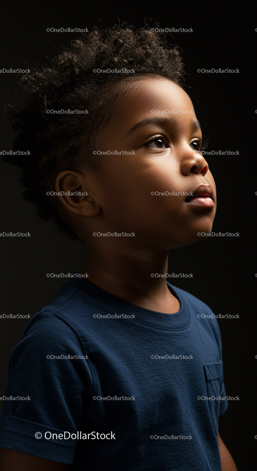 Serene young boy gazing thoughtfully in studio